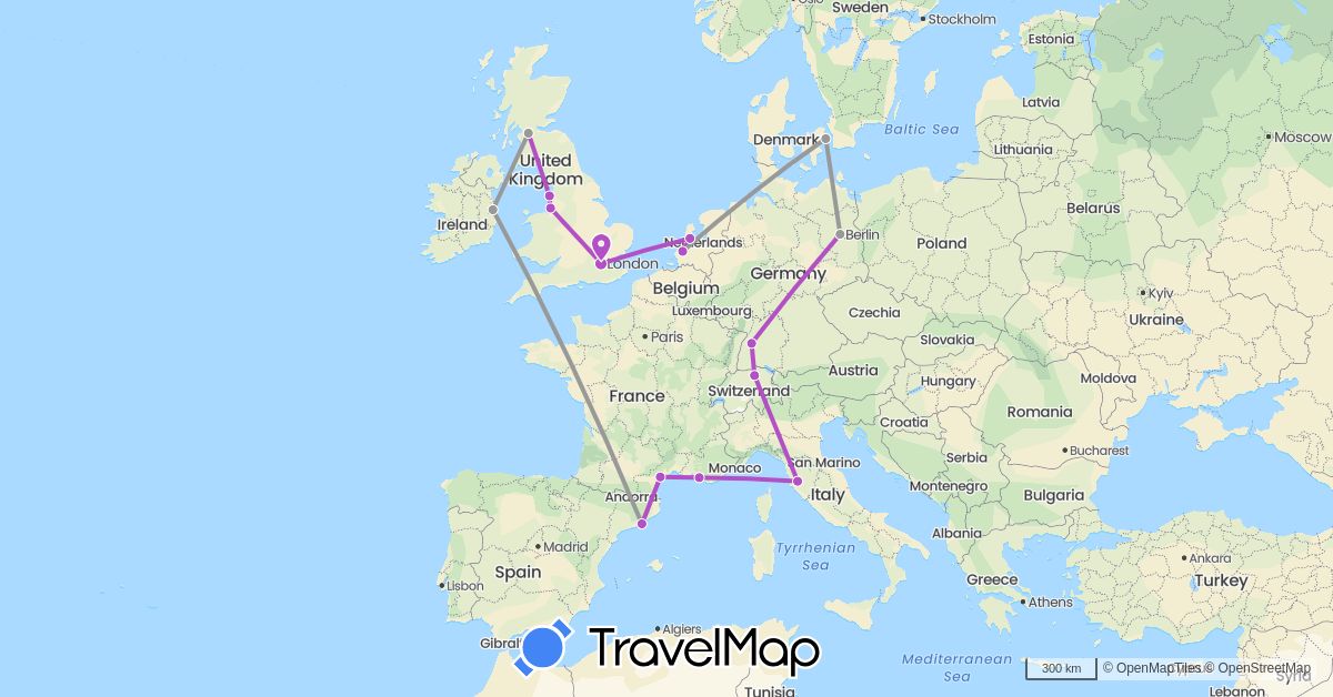 TravelMap itinerary: driving, plane, train in Switzerland, Germany, Denmark, Spain, France, United Kingdom, Ireland, Italy, Netherlands (Europe)