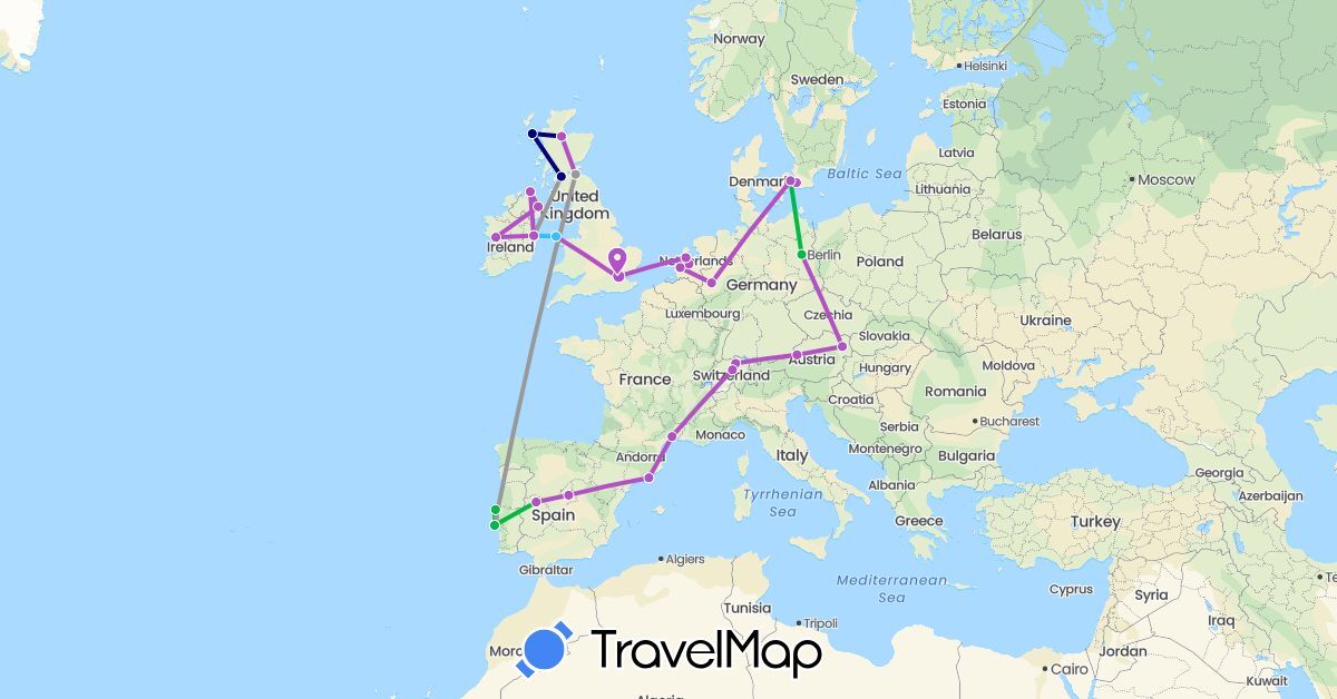 TravelMap itinerary: driving, bus, plane, train, boat in Austria, Switzerland, Germany, Denmark, Spain, France, United Kingdom, Ireland, Netherlands, Portugal, Sweden (Europe)